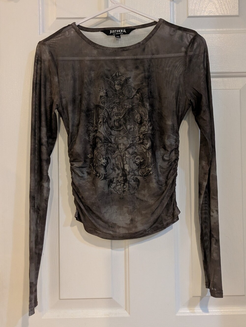 Disturbia Black Gray Sheer Long Sleeve Graphic Top